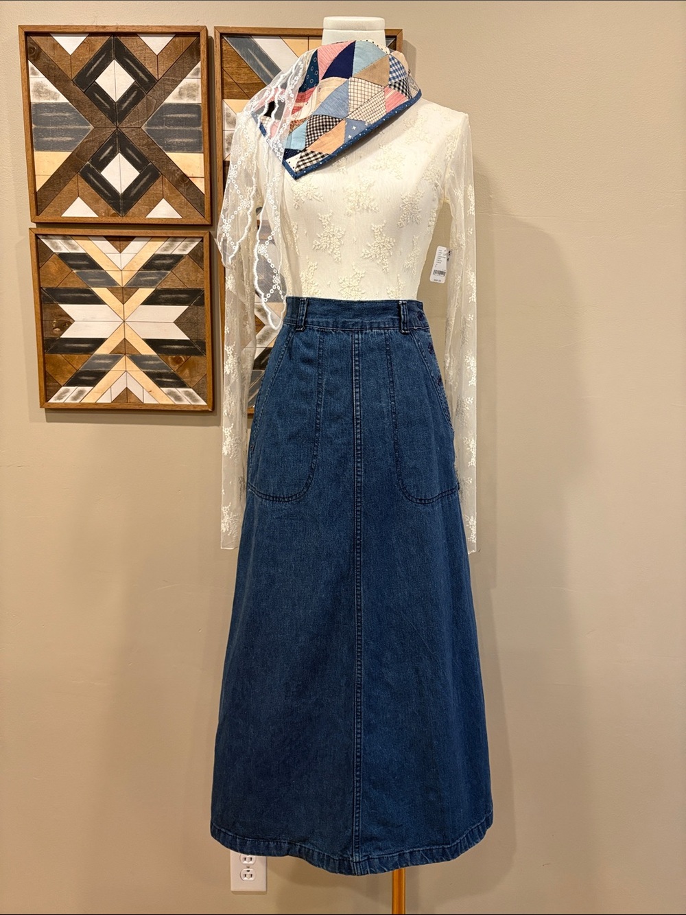 Vintage Ralph Lauren Blue Label 80s Denim Button Detail Flared Maxi Jean Skirt 6